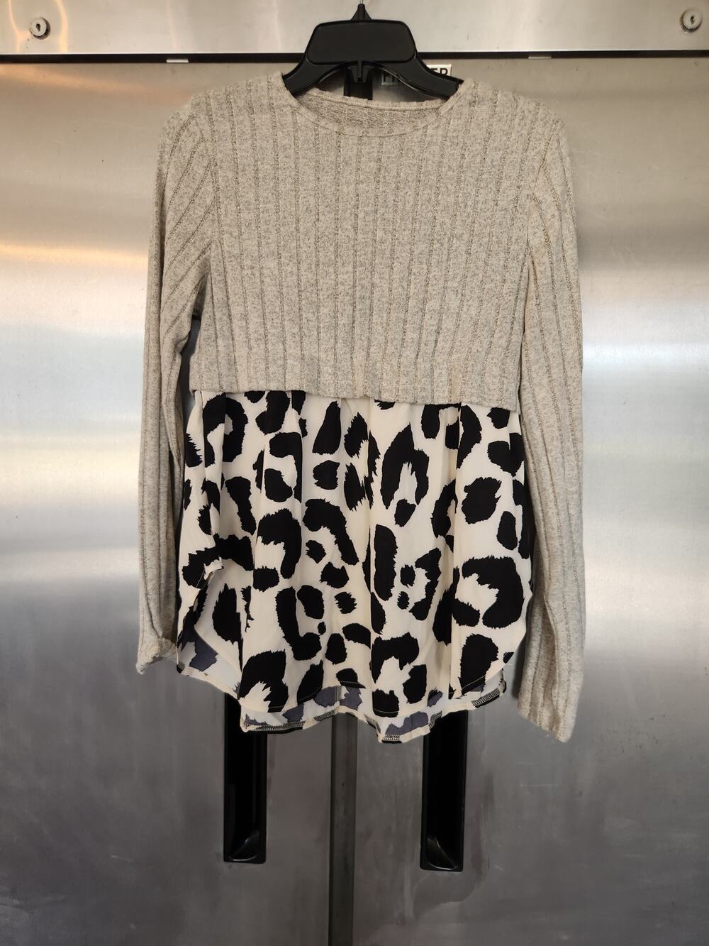 Shein Cream Knit Sweater Leopard Print Hem Long Sleeve Size XL